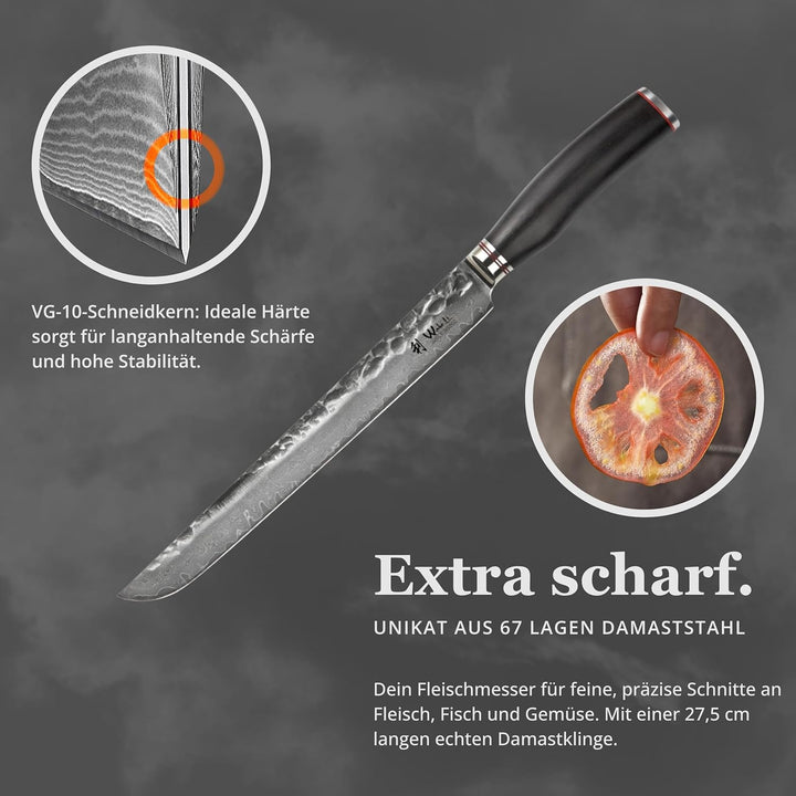 Wakoli EBO Premium Fleischmesser Tanto mit 27,5 cm Klinge und Hammerschlag gefertigt aus 67 Lagen ec