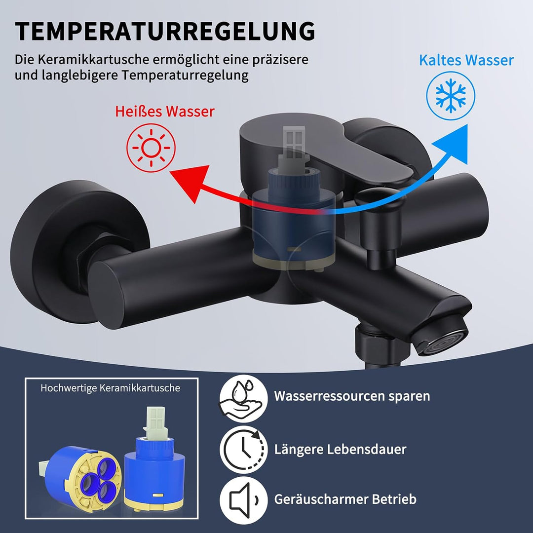 HOMELODY Badewannenarmatur mit Handbrause Schwarz Matt – Mischbatterie Badewanne Wandmontage, 2 Ausg