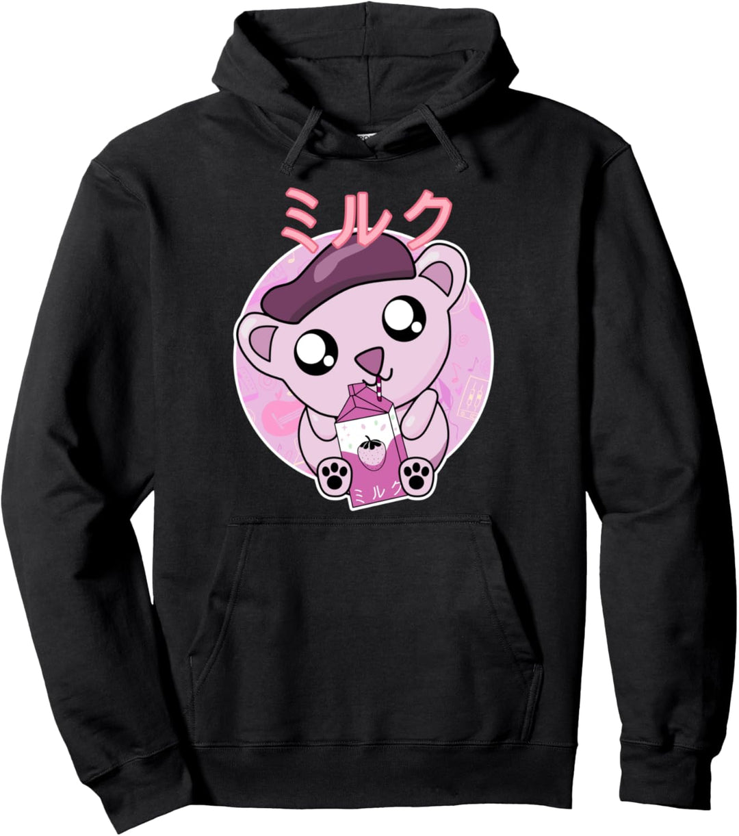 Funny Kpop Japanese Kawaii Strawberry Milk Cartoon Bear Pullover Hoodie