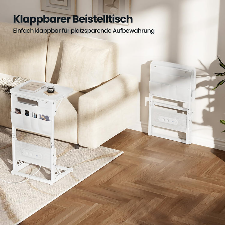 Beistelltisch C Form, Klappbarer Sofatisch mit Steckdosen, Höhenverstellbar Couchtisch mit Metallrah