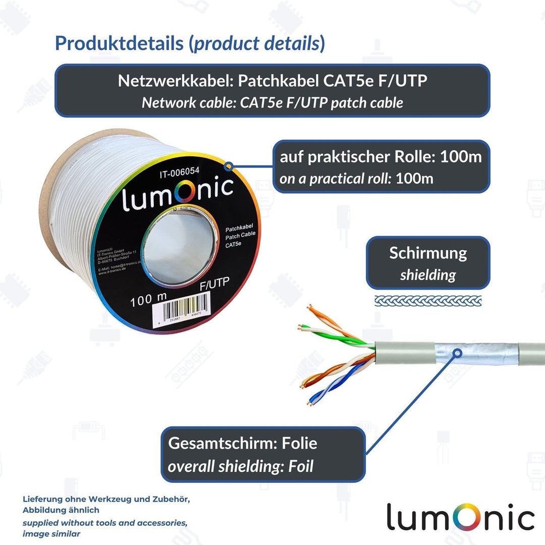 Lumonic 100m Netzwerkkabel CAT 5e F/UTP I CAT5e-Kabel, Gigabit Lan Kabel, Ethernet Kabel I Flexibles
