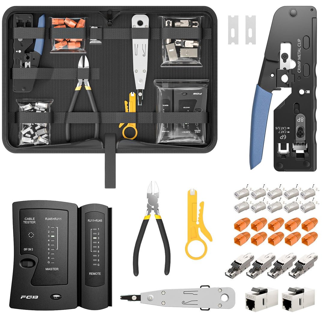 FGB Netzwerk Werkzeug Set, Pass Through RJ45 Crimpzange für Cat7 Cat6 Cat5 mit 4 x Netzwerkstecker C