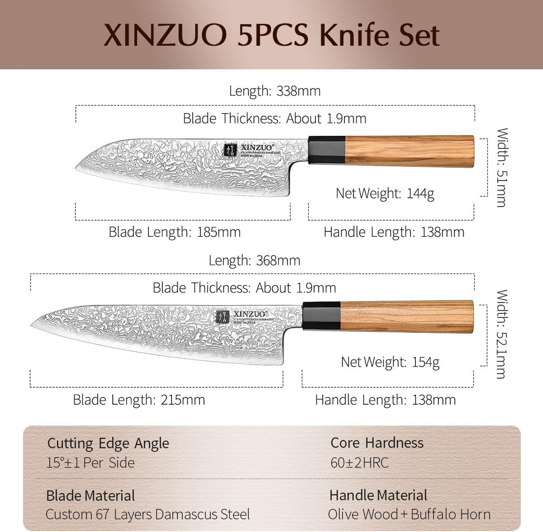 XINZUO Küchenmesser Set 5er 67 Schichten Damaststahl Chefmesser Set, Profi Geschmiedet Damaskus mess