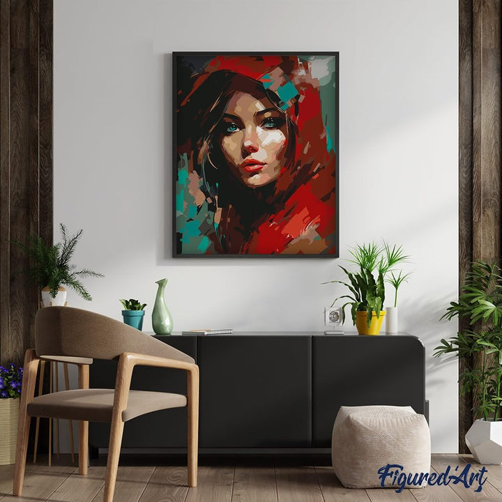 Figured'Art Malen Nach Zahlen Erwachsene Mit Rahmen Frau im Roten Schal - Paint by Numbers Basteln D