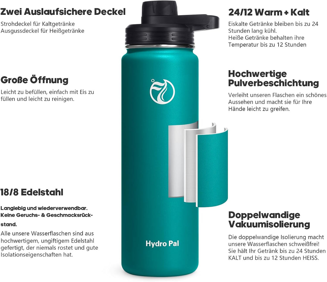 HydroPal Edelstahl Trinkflasche - 750ml, 1L, 1,2L, BPA-Frei, Kohlensäure geeignet, Isolierte Thermos