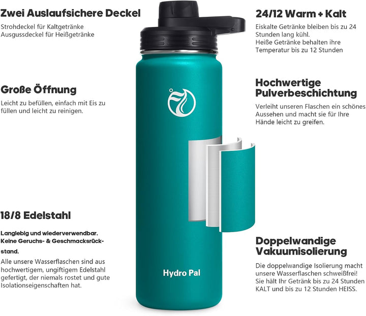HydroPal Edelstahl Trinkflasche - 750ml, 1L, 1,2L, BPA-Frei, Kohlensäure geeignet, Isolierte Thermos