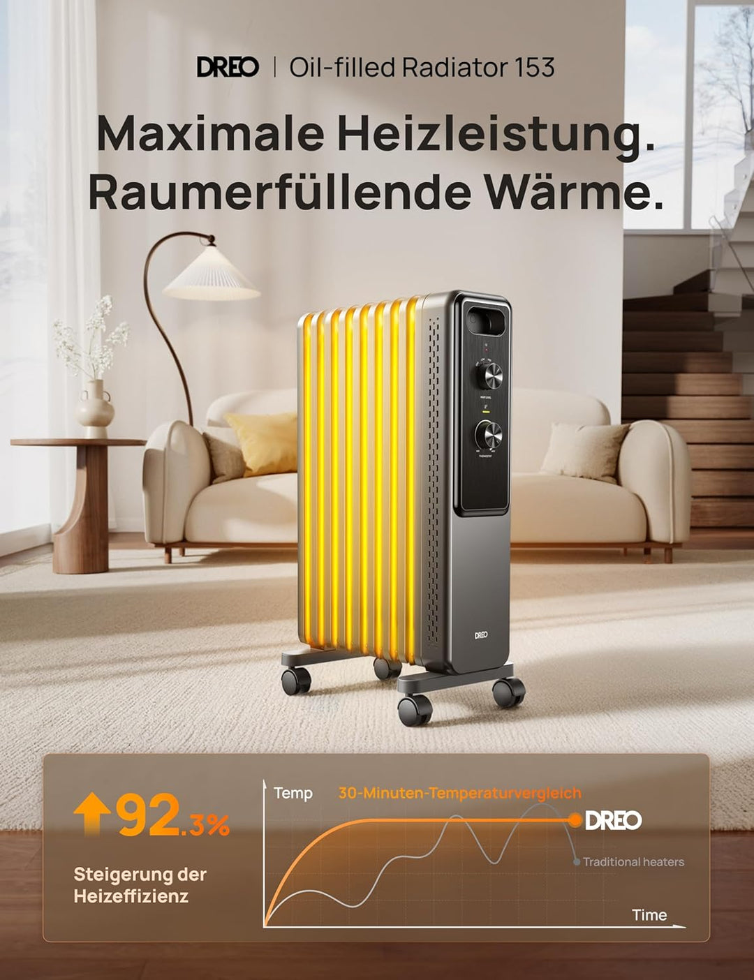Dreo Ölgefüllter Radiator-Heizkörper mit 9 Rippen, 2000W Leiser Elektrischer Heizstrahler fürs Schla