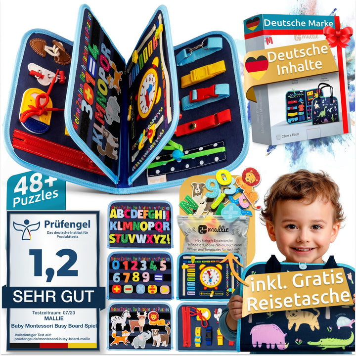 Mallie® Busy Board Deutsch inkl. Gratis Reisetasche & Montessori Buch und Perfekt für Reisen im Auto