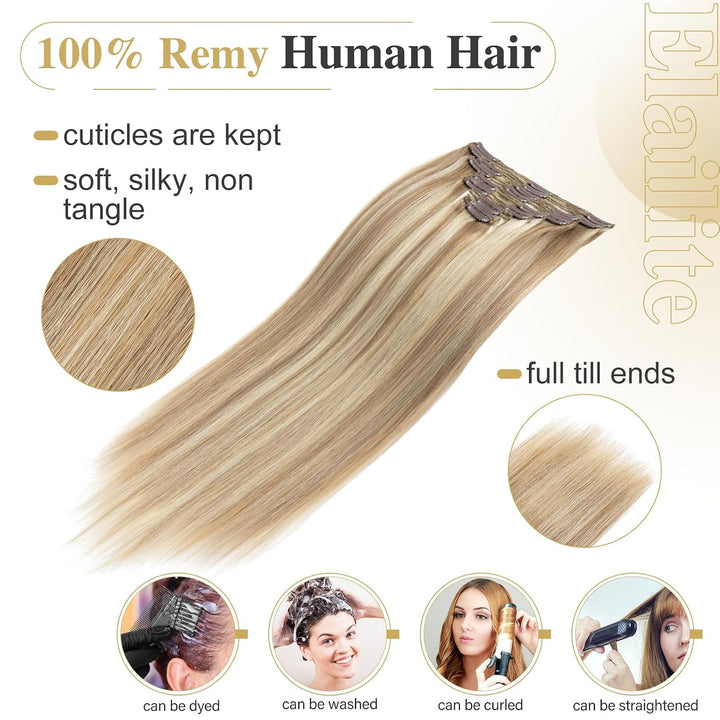 Elailite Extensions Echthaar Clip in 8 Tressen Voller Kopf 
