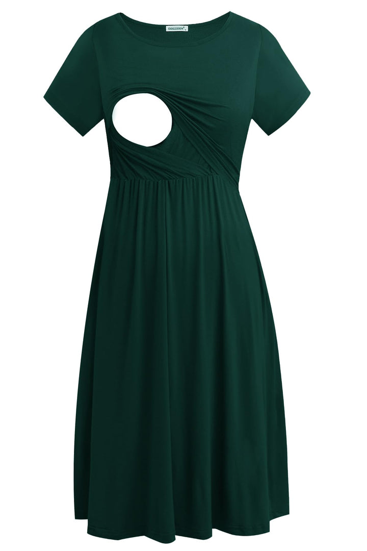Smallshow Damen Lässiges Kurzarm Stillkleid Umstandskleid für Stillen Dunkelgrün(solide) S, Dunkelgr