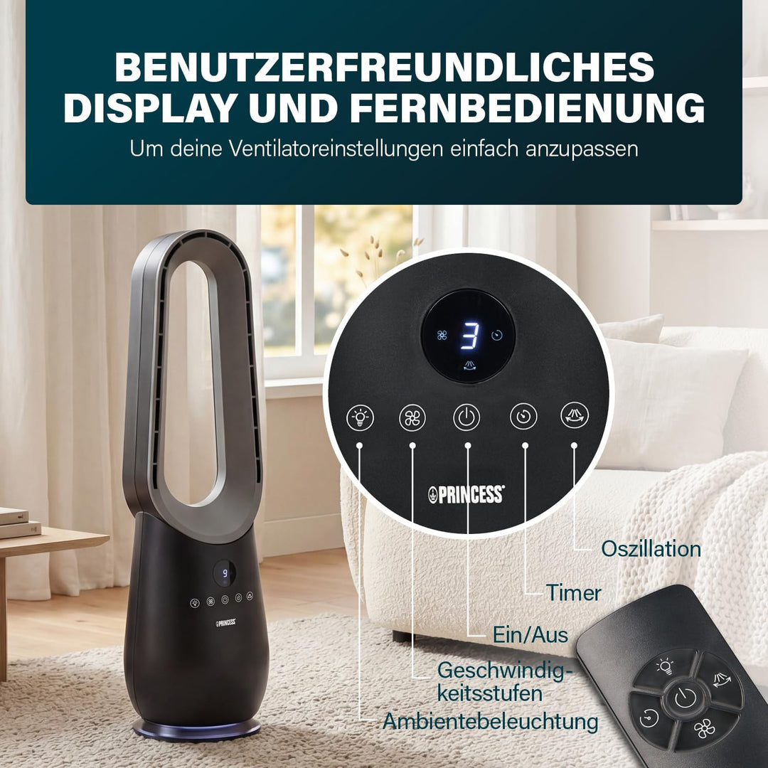 Princess Ventilator ohne Blätter – 70 W – Stimmungslicht – Niedriger Verbrauch – 75°-Oszillation – 3