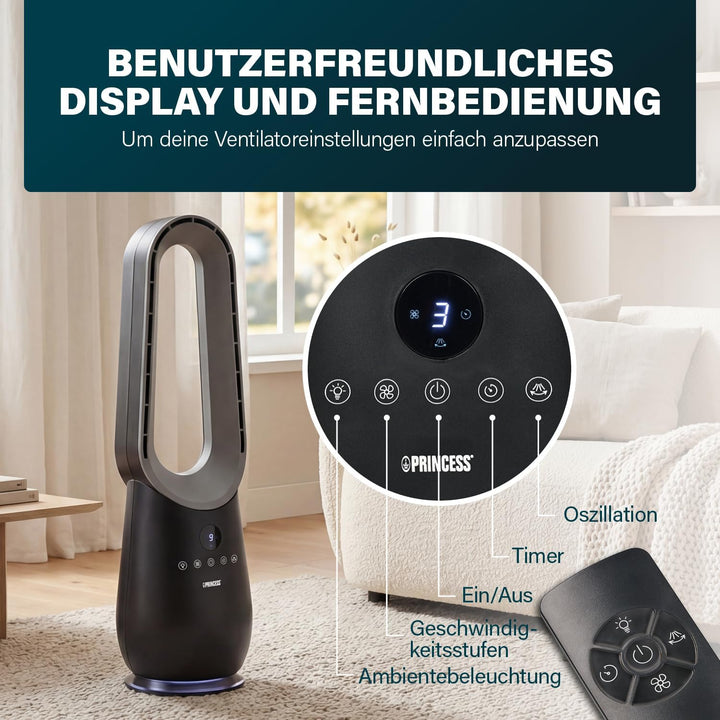 Princess Ventilator ohne Blätter – 70 W – Stimmungslicht – Niedriger Verbrauch – 75°-Oszillation – 3