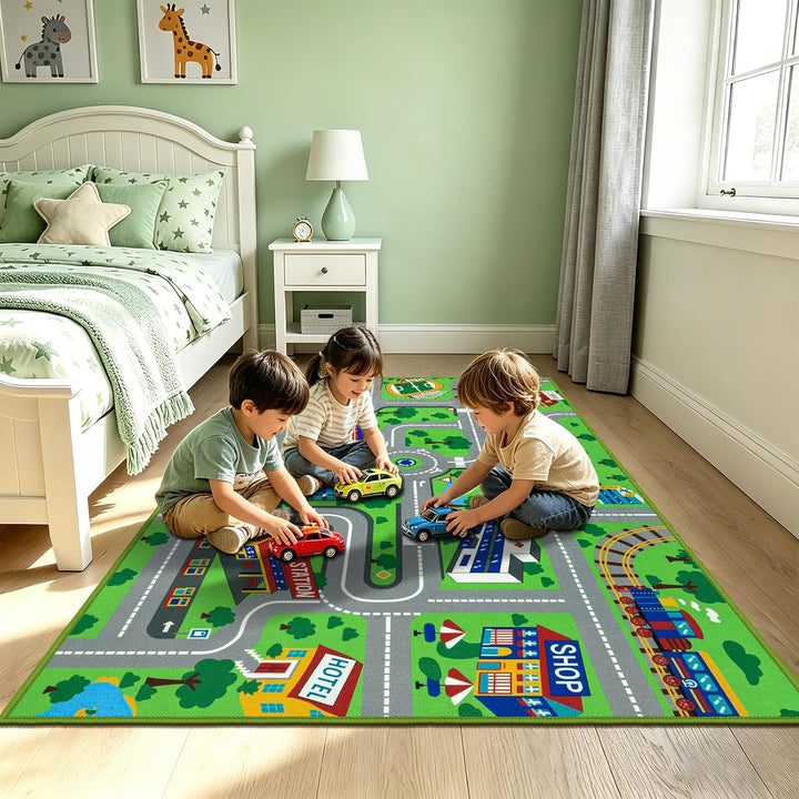 Capslpad Kinder Teppiche Spielteppich für Kinder Stadt 100x160 cm rutschfest Kinderteppich Spielmatt