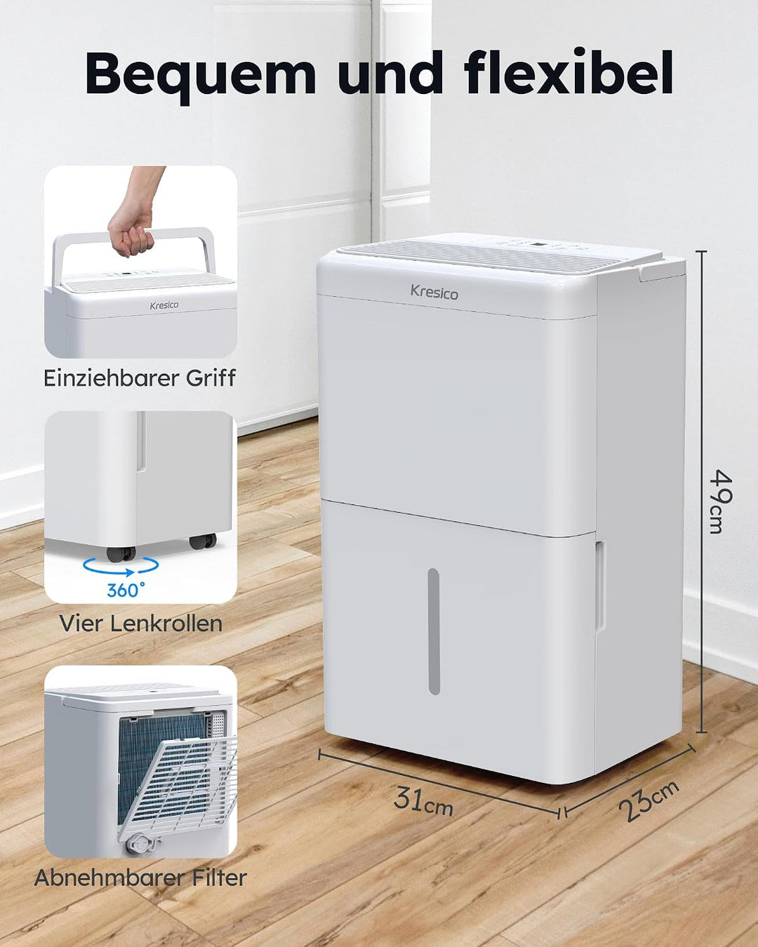 Kresico xWolei Luftentfeuchter elektrisch 20L/24h, Entfeuchter elektrisch 39dB, Raumentfeuchter für