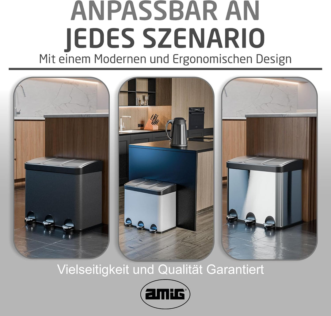Amig - Dreifacher Mülleimer mit Pedalen 45 Liter | 3 herausnehmbare 15-Liter-Fächer | Recyclingbehäl