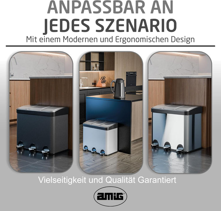Amig - Dreifacher Mülleimer mit Pedalen 45 Liter | 3 herausnehmbare 15-Liter-Fächer | Recyclingbehäl