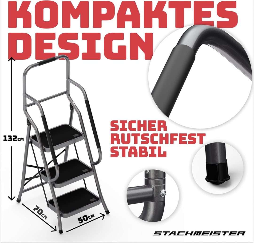 Sicherheitsleiter 3 Stufen Klappbar I TÜV Rheinland Zertifiziert I Belastbar bis 150kg I Anti-Rutsch