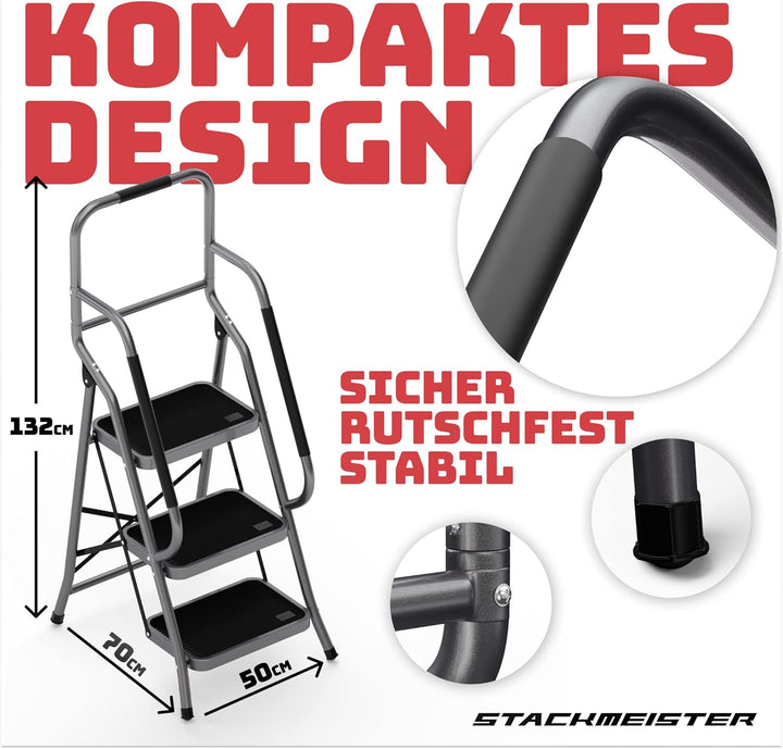 Sicherheitsleiter 3 Stufen Klappbar I TÜV Rheinland Zertifiziert I Belastbar bis 150kg I Anti-Rutsch