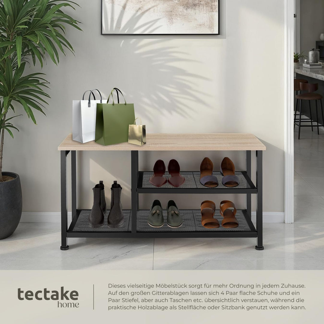 tectake® Schuhregal schmal mit Sitzfläche, Schuhbank 3 Ebenen, 2 Gitterablagen, Schuhregal platzspar