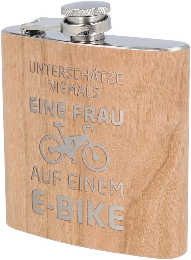 Spruchreif | Gravierter Edelstahl Flachmann | Holz Flachmann mit Gravur E-Bike | Outdoor Geschenk |
