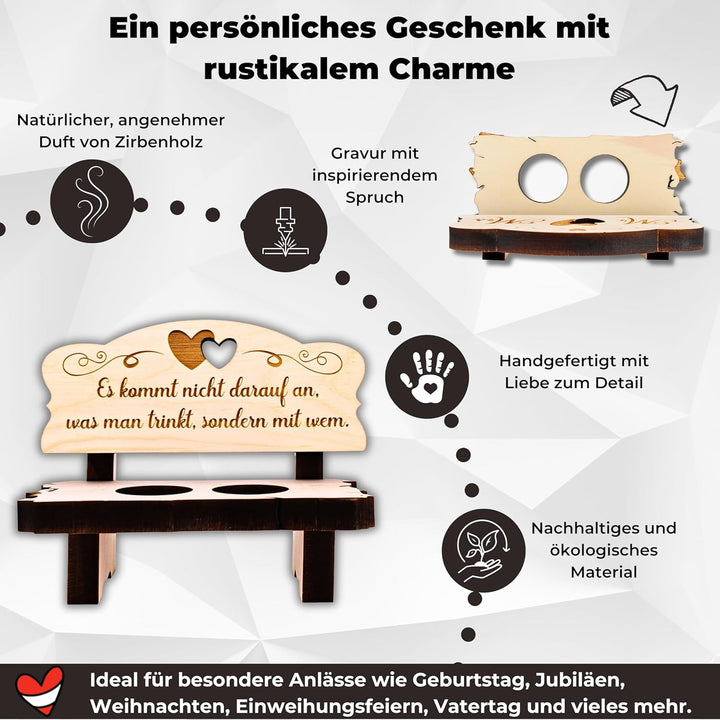 sagl.tirol Zirbenholz Schnapsbank mit Gravur und Schnapsgläser [100% Natur] I Hochzeitsgeschenke für