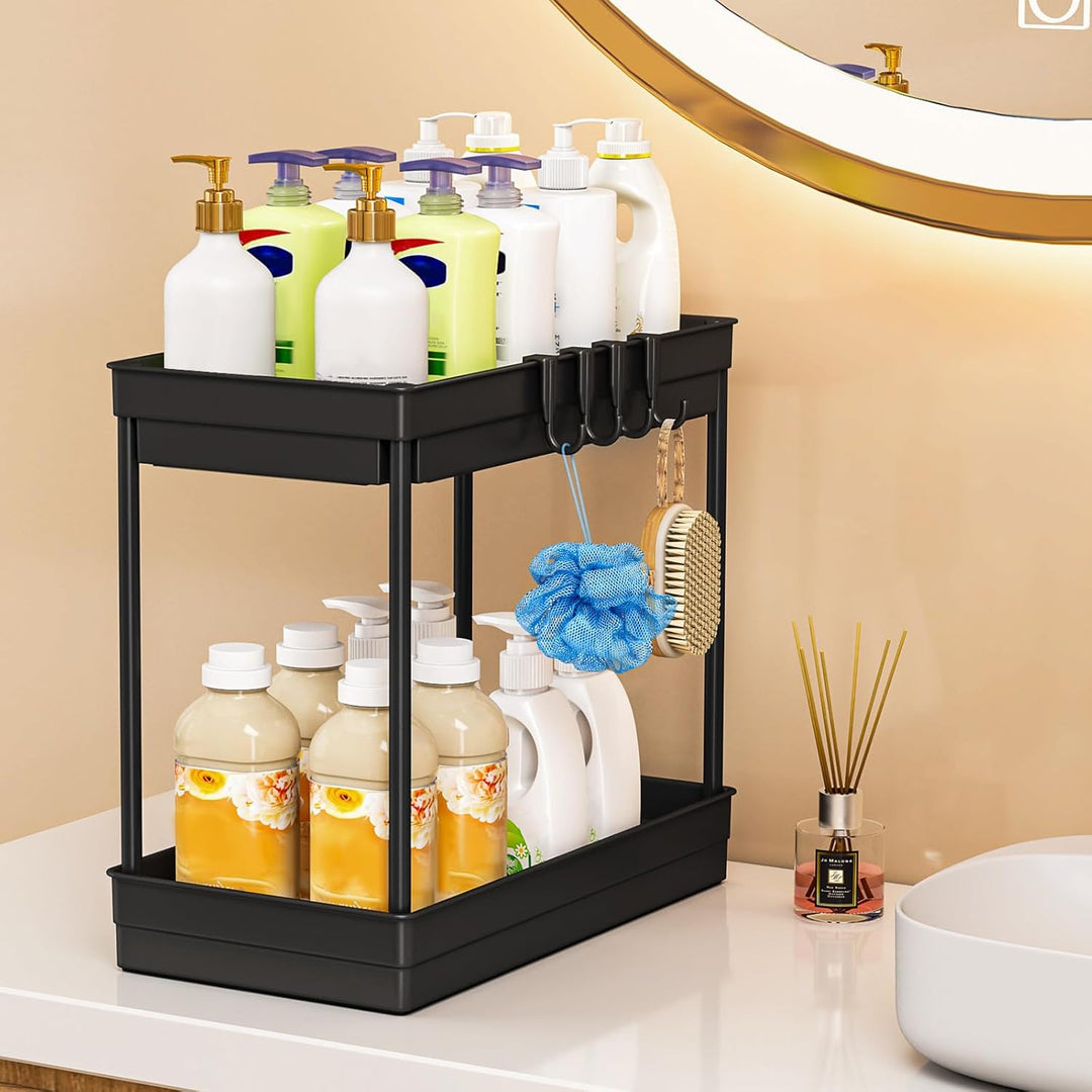 ARSTPEOE Unter Waschbecken Regal - Küchen Organizer - 2 Etagen Schrank Organizer mit 8 Haken, Spülbe