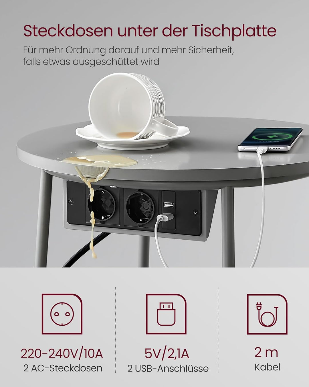 VASAGLE Beistelltisch rund, Kleiner Tisch, Couchtisch mit Steckdose, Wohnzimmertisch, Korb aus Stoff