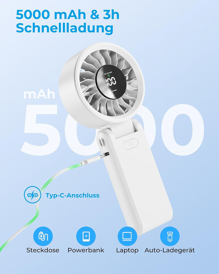 Tragbarer Ventilator - Wiederaufladbar per USB-C, Ventilator mit 5000-mAh-Akku und digitaler Anzeige