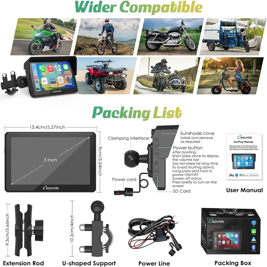 Carpuride W502 Motorrad GPS Drahtlose Tragbare Apple Carplay&Android Auto, 5 Zoll IPS wasserdichte T