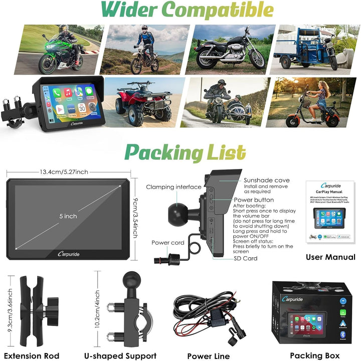 Carpuride W502 Motorrad GPS Drahtlose Tragbare Apple Carplay&Android Auto, 5 Zoll IPS wasserdichte T