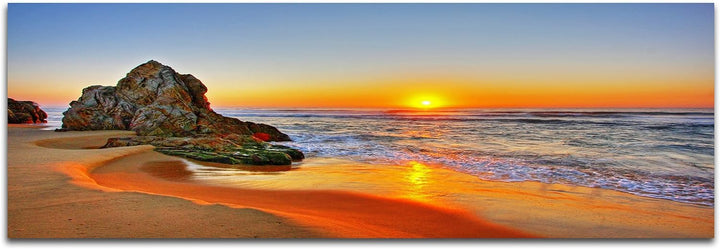 Augenblicke Wandbilder Keilrahmenbild Wandbild 150x50cm Strand Meer Sonnenaufgang Fels