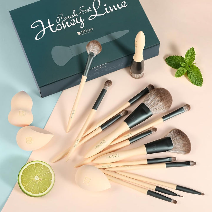 DUcare Make up Pinsel Set 14 Stücke mit 3 Make up Schwämmen und Kosmetiktasche – Limetten-Serie Prem