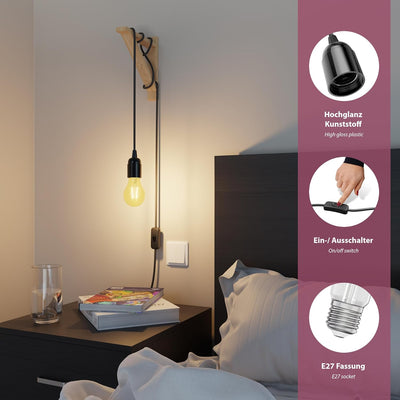 ledscom.de 3x Textilkabel LEHA, Stecker, Schalter, schwarz, 3m, Lampen-Fassung, 1x E27 max. 60W 3 St
