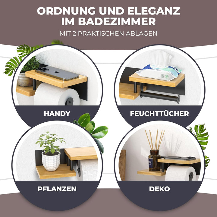 Toilettenpapierhalter Holz Bambus komplett schwarz [KLEBEN oder Bohren] | hochwertiger Klopapierhalt