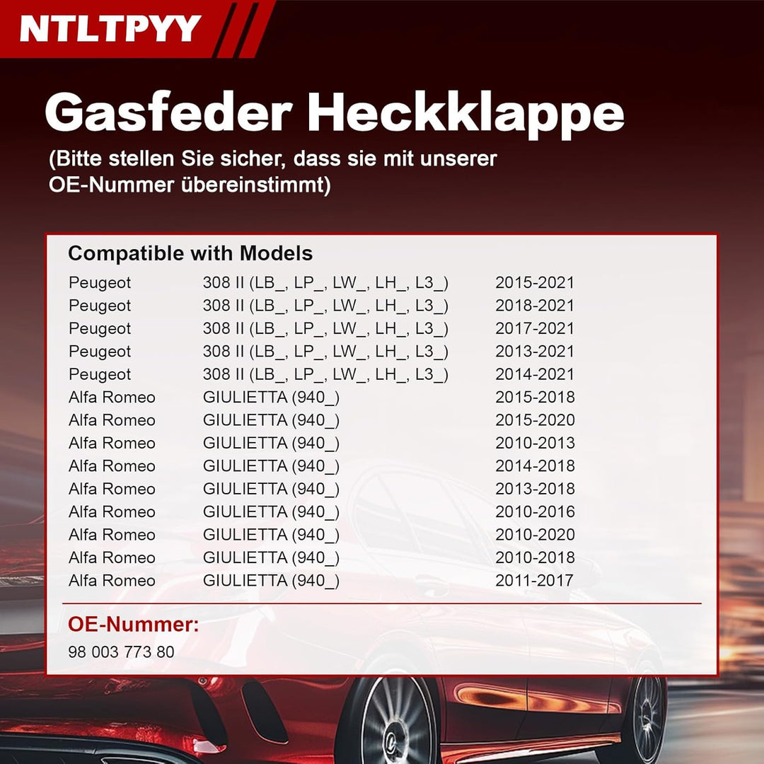 2pcs Gasdruckfeder kompatibel mit Peugeot 308 II 2013-2021 Alfa Romeo Giulietta 2010-2018, Exakte 55