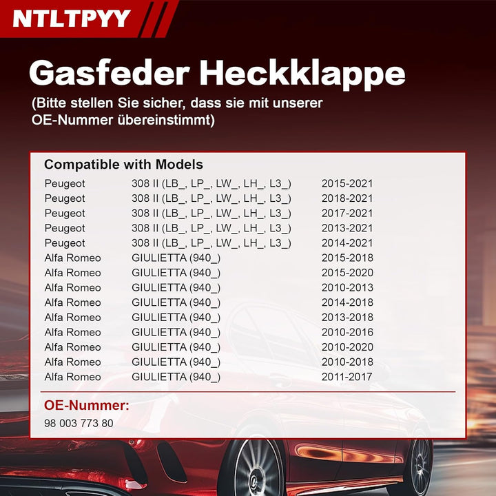 2pcs Gasdruckfeder kompatibel mit Peugeot 308 II 2013-2021 Alfa Romeo Giulietta 2010-2018, Exakte 55