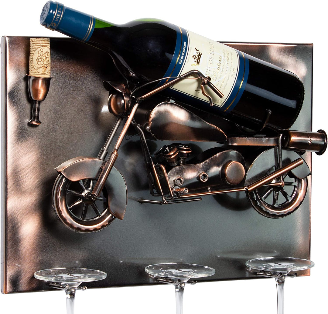 Brubaker Weinflaschenhalter Motorrad - Wall Art Bild Metall - mit 3 Glashaltern - inklusive Grusskar