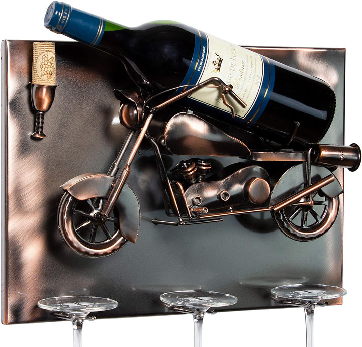Brubaker Weinflaschenhalter Motorrad - Wall Art Bild Metall - mit 3 Glashaltern - inklusive Grusskar