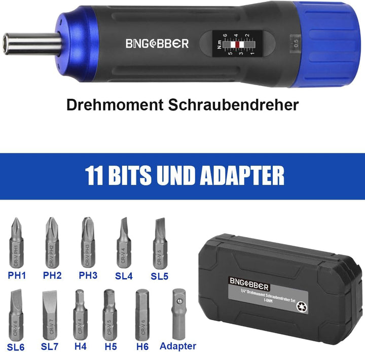 BINGCOBBER Drehmomentschrauber Set 1-6 Nm 12tlg.mit Kunststoffkoffer für Fahrrad Reparatur mit Bitha