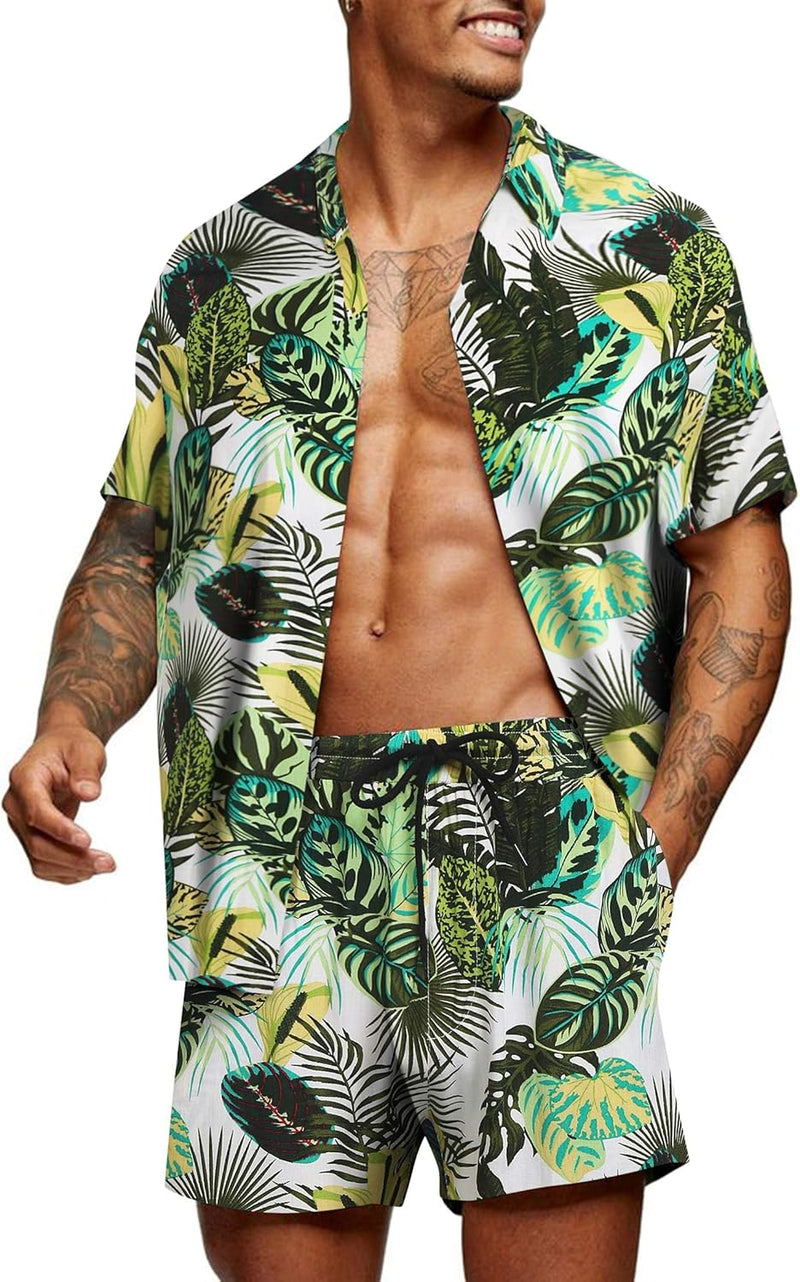 COOFANDY Herren Kurzarm Hemd Blumen Hawaiihemd und Shorts Set Floral Party Outfit Männer Button Down