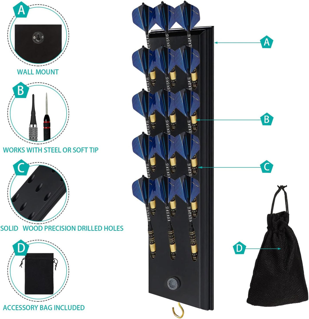 FDLS Dart-Halter zur Wandmontage mit 15 Dartpfeilen mit Stahlspitze oder weicher Spitze, Dart-Caddy