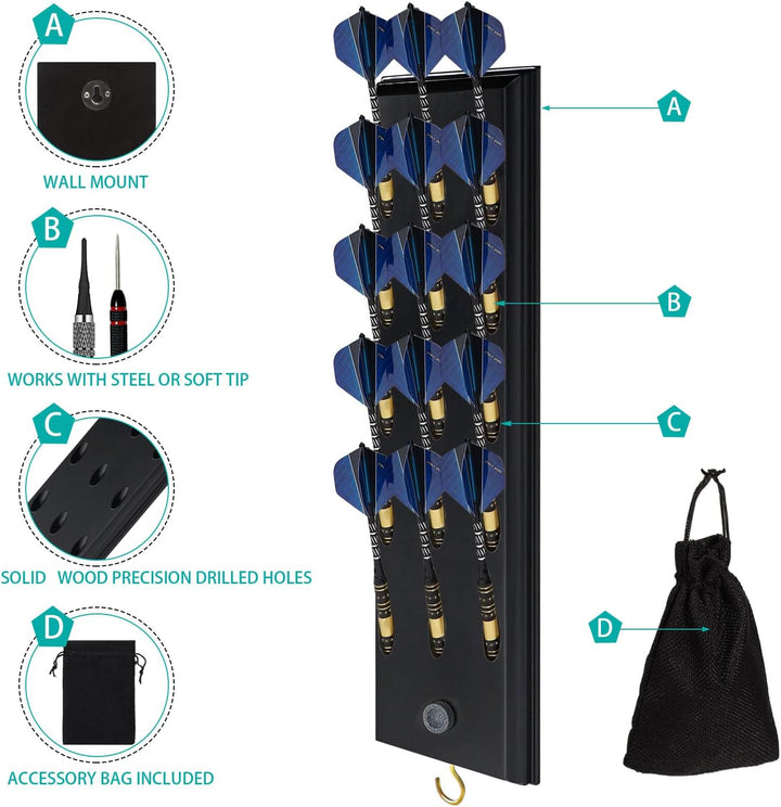 FDLS Dart-Halter zur Wandmontage mit 15 Dartpfeilen mit Stahlspitze oder weicher Spitze, Dart-Caddy