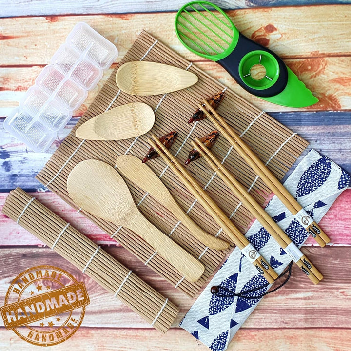 Sushi Set 14-teilig - Bambus Sushi Maker Kit Rollmatte für Anfänger - 2 Matten, 3 Paar Essstäbchen m