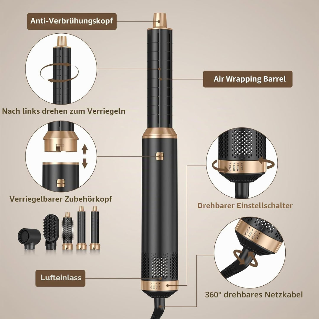 Hairstyler 5 in 1 Airbrush Haarstyler | Pro Air Styler Set - 1000W Rundbürstenföhn, Air Curler, Warm