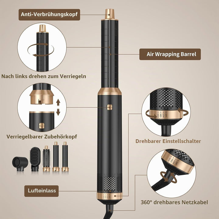 Hairstyler 5 in 1 Airbrush Haarstyler | Pro Air Styler Set - 1000W Rundbürstenföhn, Air Curler, Warm