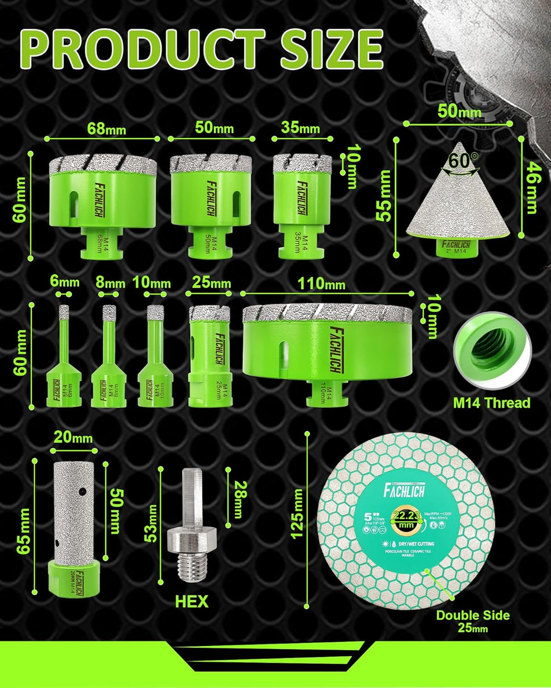 Diamant Fliesenbohrer Set – Diamantbohrer Lochsge 6/8/10/25/35/50/68/110mm mit Fingerbohrer und Fase