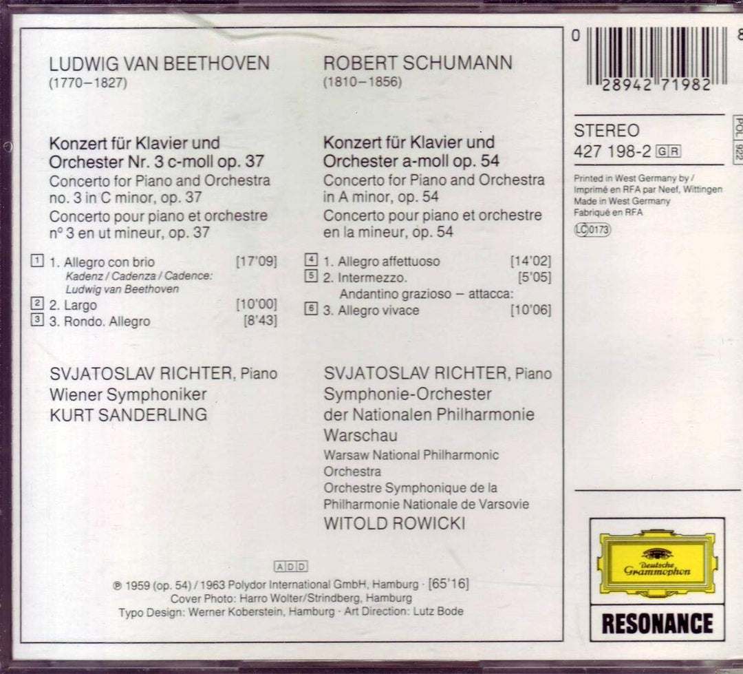 Klavierkonzert Nr. 3 c-moll op. 37 / Klavierkonzert a-moll op. 54, Audio-CD