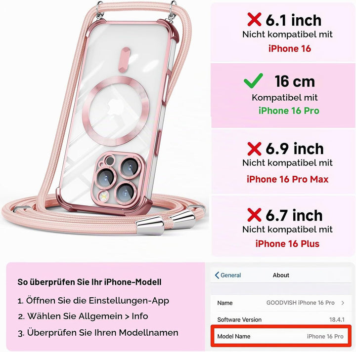 GOODVISH Handykette für iPhone 16 Pro Hülle mit Band Magnetisch, Rosé | mit 2 Stück Schutzfolie, mit