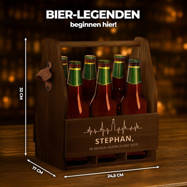 Maverton Bierträger für 6 Flaschen 0,5L + Gravur - Männerhandtasche mit Flaschenöffner - Grösse: 25x