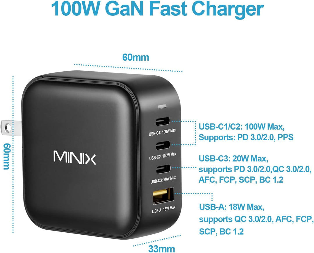 MiniX NEO P3 100W Turbo 4-Ports GaN Wall Charger, 3 x USB-C Port Fast Charging Adapter(Max 100W/20W)
